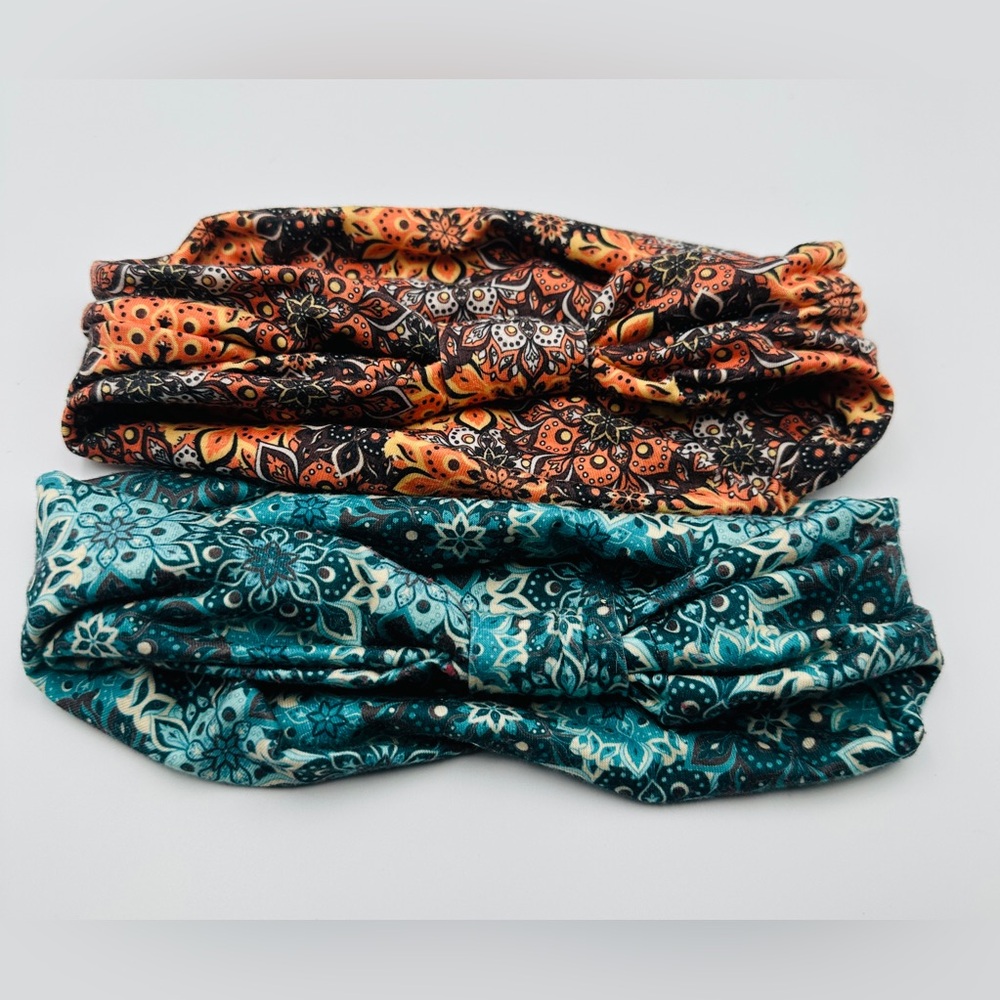 Set Of 2 Bohemian Style Knotted Headbands In Orange & Teal/Blue Floral Patterns